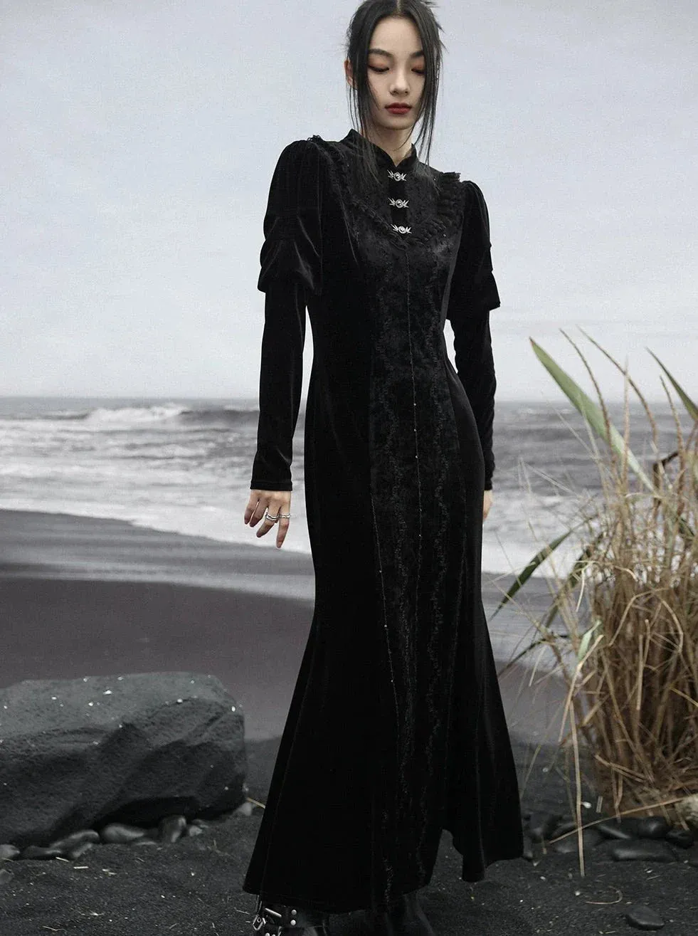 Skirt Retro Slit Long Dark Lace Splicing