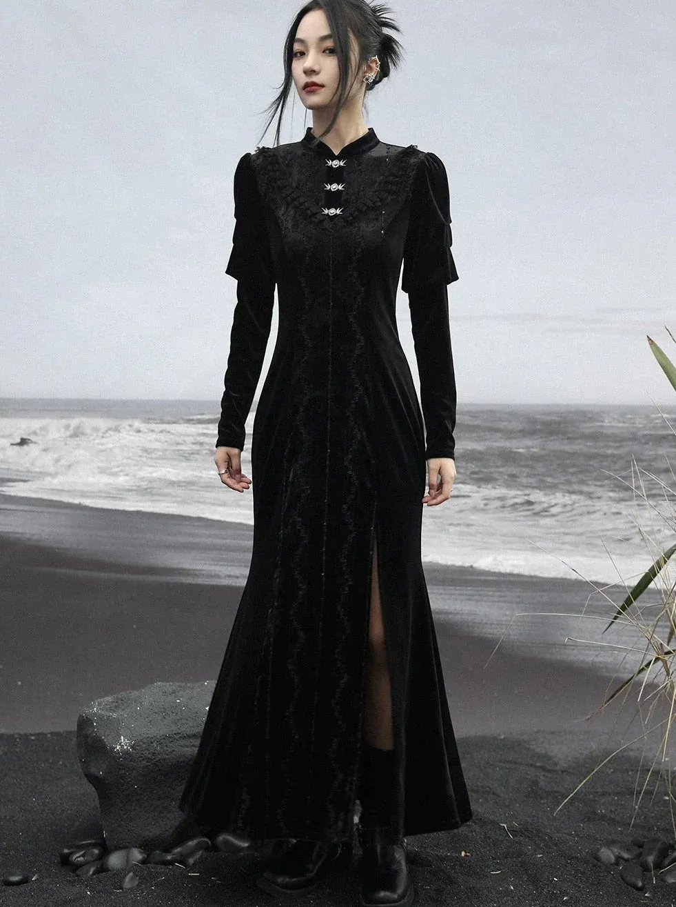 Skirt Retro Slit Long Dark Lace Splicing