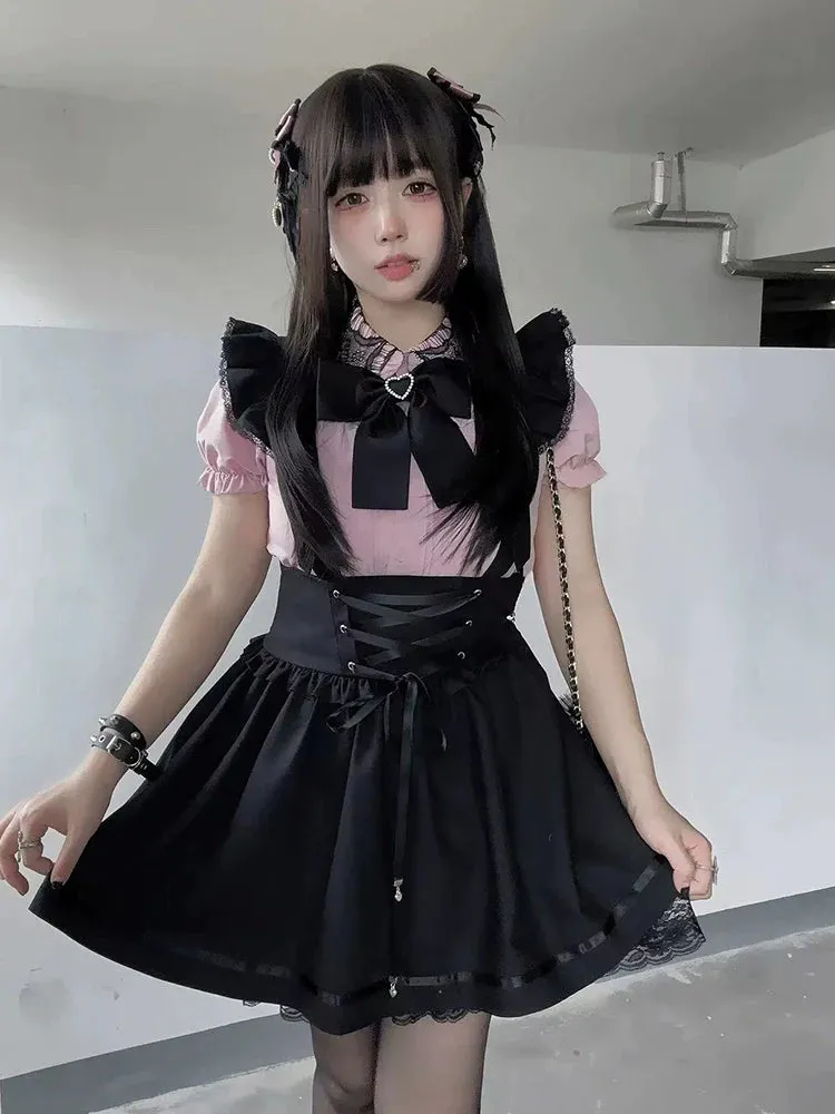 Skirt Slim Sweet   Suspender Dark Lace-up Shirt