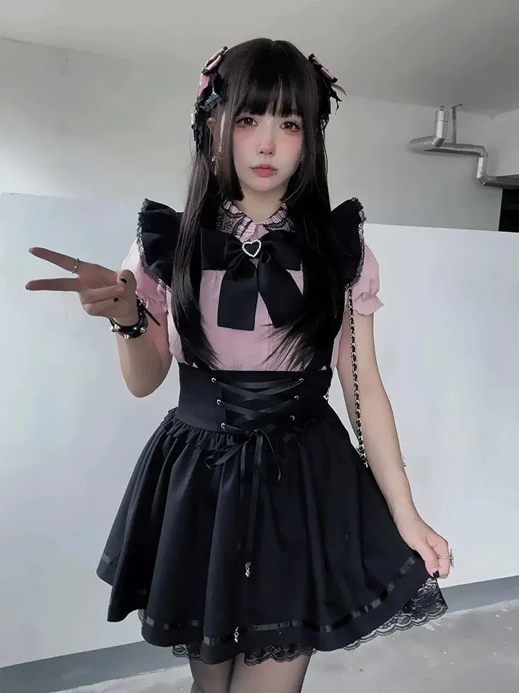 Skirt Slim Sweet   Suspender Dark Lace-up Shirt