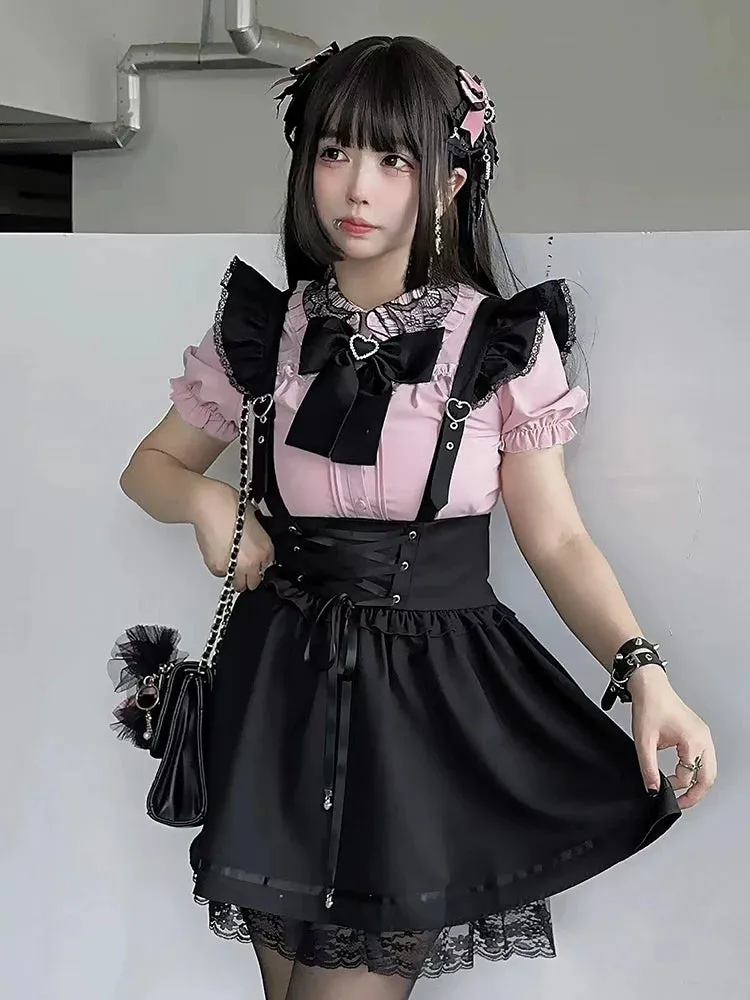 Skirt Slim Sweet   Suspender Dark Lace-up Shirt