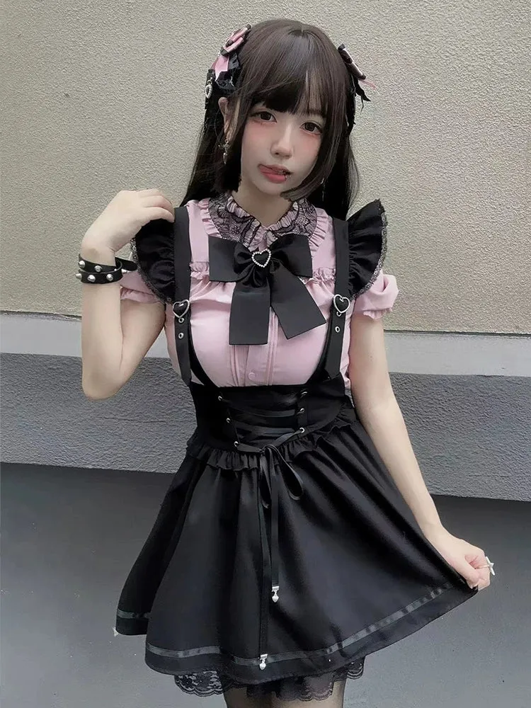 Skirt Slim Sweet   Suspender Dark Lace-up Shirt