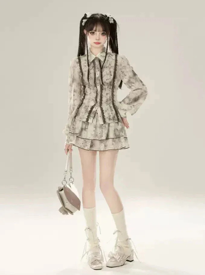 Suit Spliced High Shirt Inksmudge Waist Lace Skirt Fairly