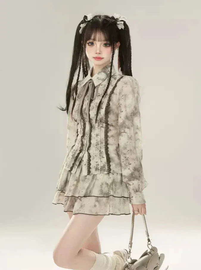 Suit Spliced High Shirt Inksmudge Waist Lace Skirt Fairly