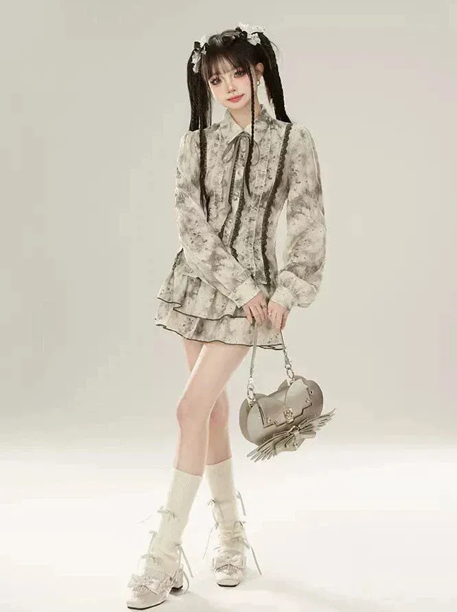 Suit Spliced High Shirt Inksmudge Waist Lace Skirt Fairly