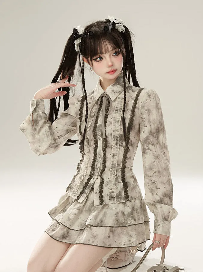 Suit Spliced High Shirt Inksmudge Waist Lace Skirt Fairly