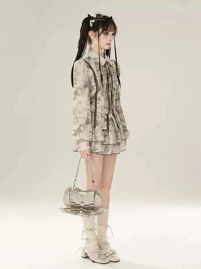 Suit Spliced High Shirt Inksmudge Waist Lace Skirt Fairly