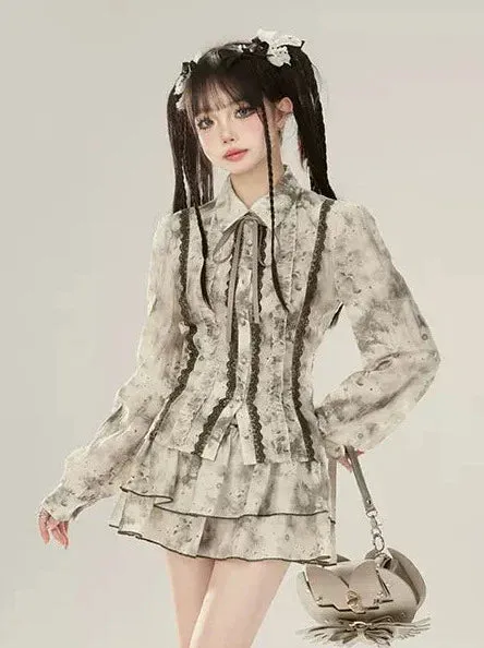 Suit Spliced High Shirt Inksmudge Waist Lace Skirt Fairly