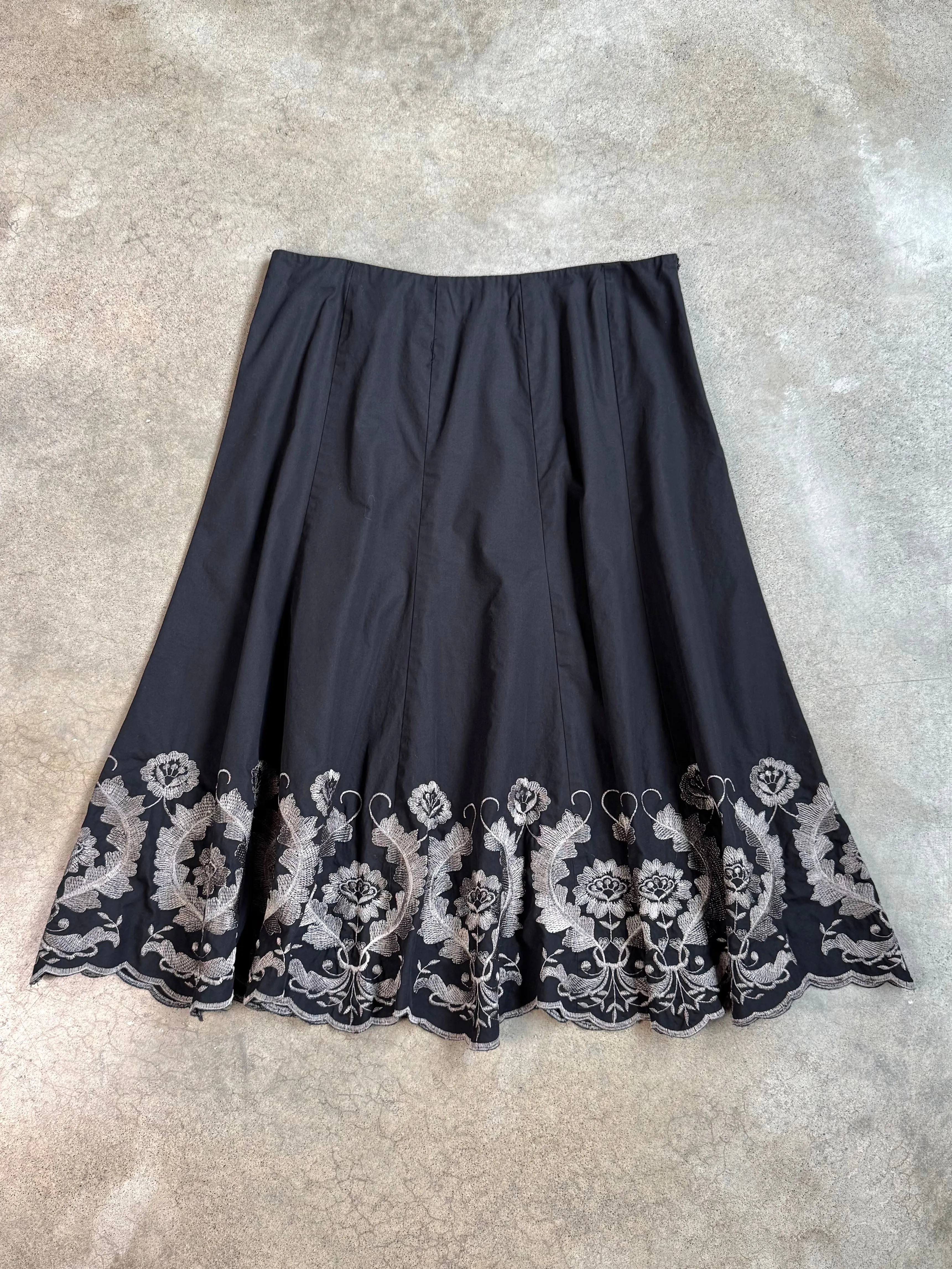 Sunny Leigh Floral Embroidered Black Cotton Skirt (L)