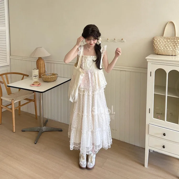 Sweet Fairy Style Floral Print Lace Cake Skirt