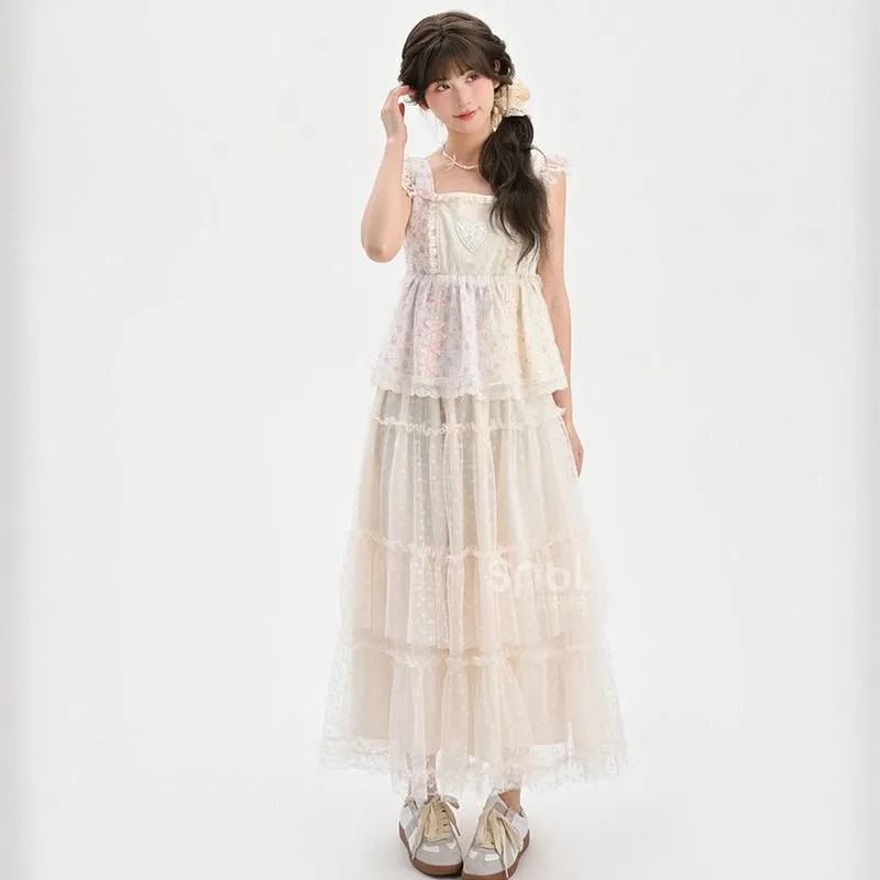 Sweet Fairy Style Floral Print Lace Cake Skirt