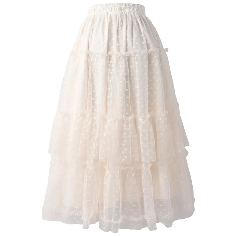 Sweet Fairy Style Floral Print Lace Cake Skirt