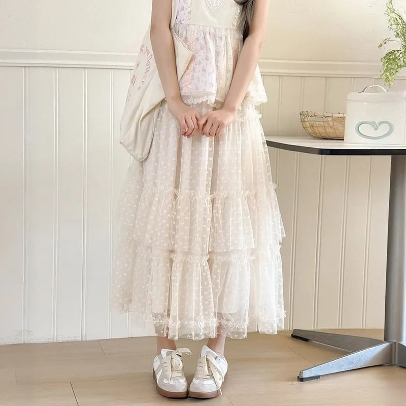 Sweet Fairy Style Floral Print Lace Cake Skirt