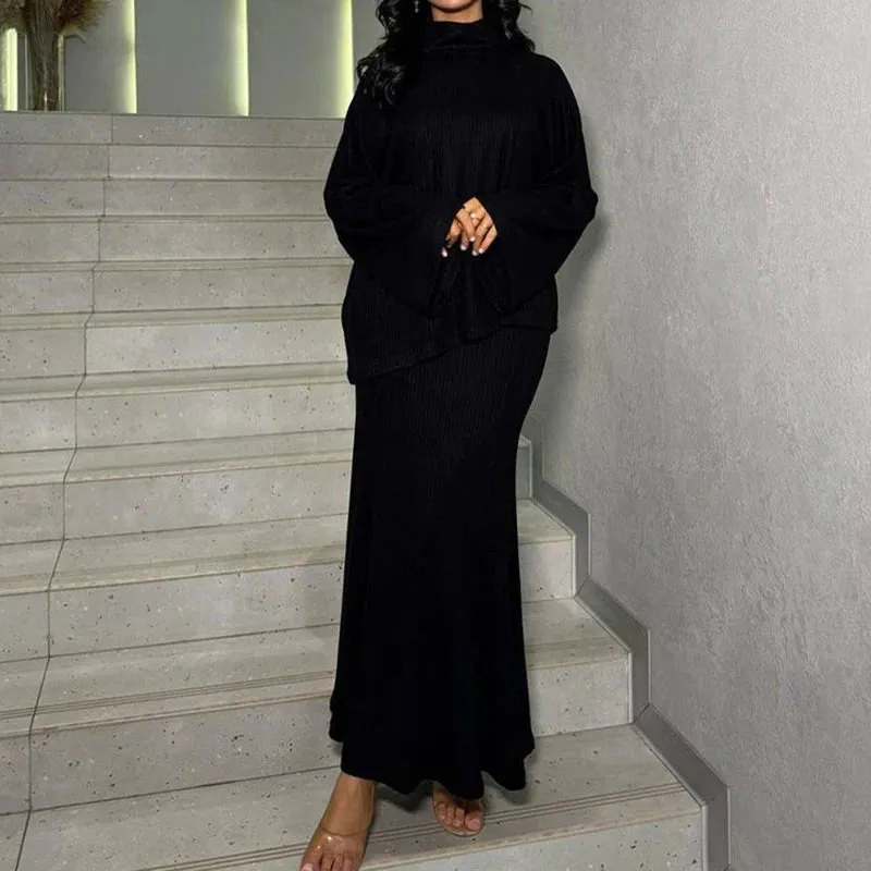 UAKISS  -  Autumn Winter Loose Commuting Outfit Women Turtleneck Long Sleeved Pullover with Skirt Suit Vintage Solid Knitted Two Piece Set