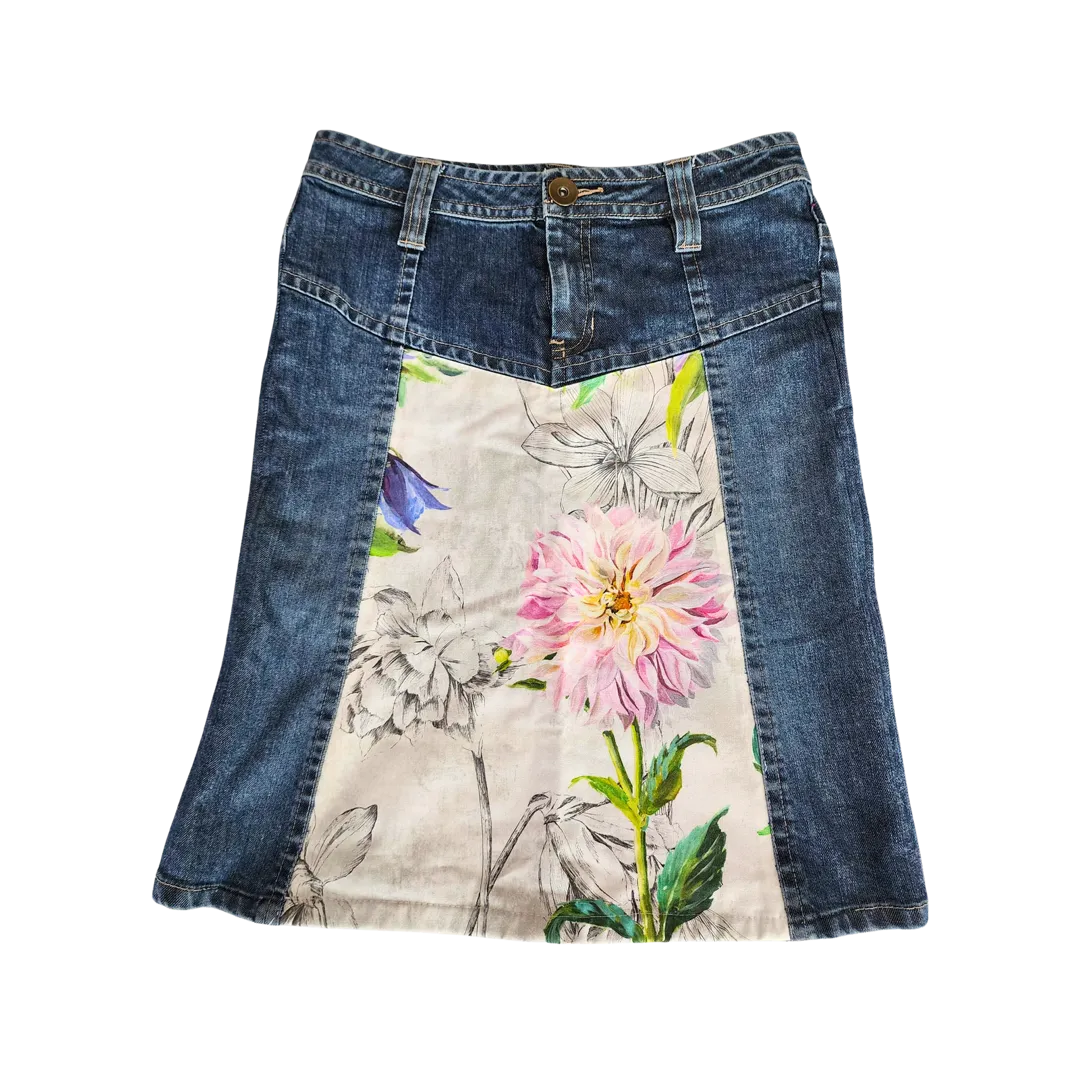 Upcycled Denim Skirt with Flower Print